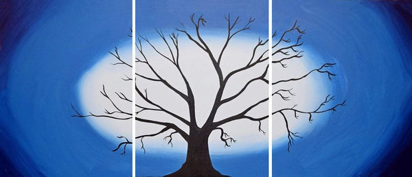 tree art painting  in blue 3 panel artwork