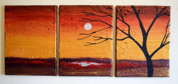 large triptych wall art golden sunset oversized metal wall art
