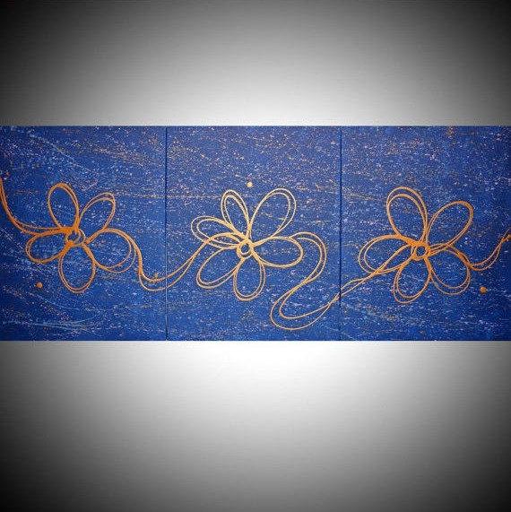 triptych blue paintings for sale  "floral delight" in a modern abstract style