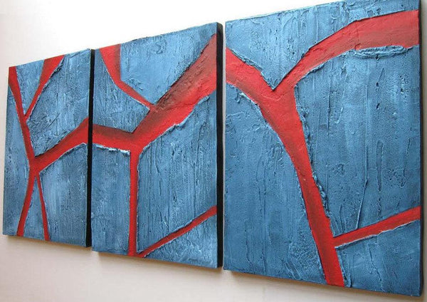 triptych painting in blue with impasto effects for sale  " Cracked Earth" on canvas