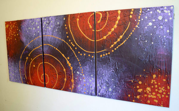 multicolor abstract triptych " Cosmic Symphony " oversized metal wall art angle photo
