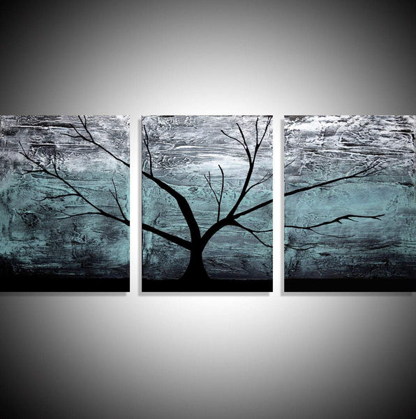 triptych paintings on canvas, original  " Turquoise Woods "  3 big sizes