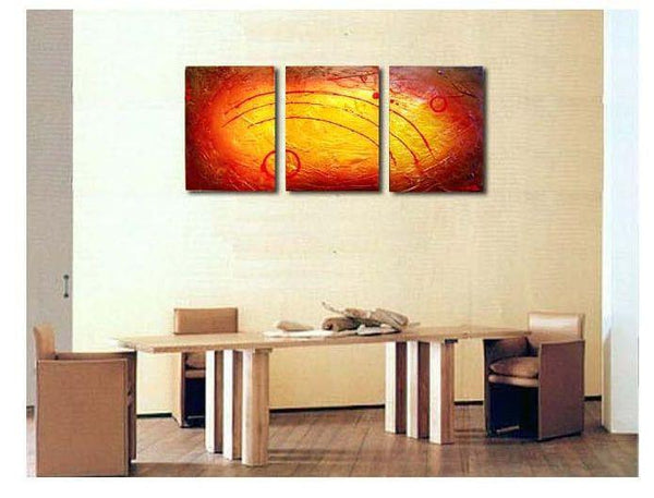 triptych canvas wall art for sale " Enigmatic Gold " large style on a wall