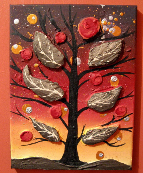 wall canvas assemblage art landscape painting "Autumns Night" tree of life woodland nursery painting modern paintings on textured impasto