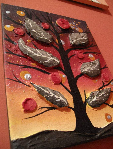 wall canvas assemblage art landscape painting "Autumns Night" tree of life woodland nursery painting modern paintings on textured impasto