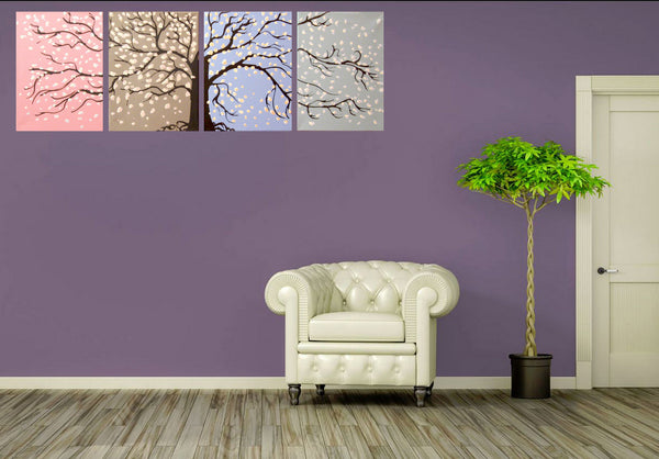 cherry blossom tree painting 4 piece on living room wall