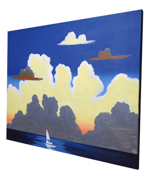 yacht painting with a clouds background on the sea