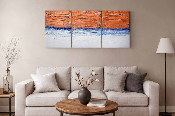 copper art work triptych painting "copper on blue " 3 piece on canvas original and hand made