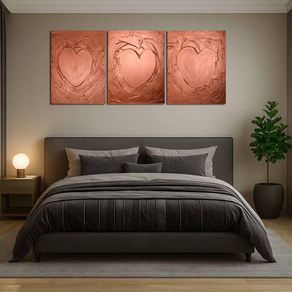 copper artwork  "three of hearts"  copper edition, canvas triptych