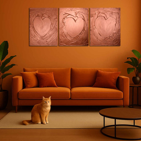 copper artwork  "three of hearts"  copper edition, canvas triptych