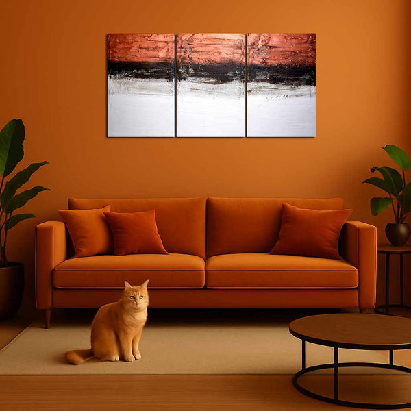 copper wall art on living room wall