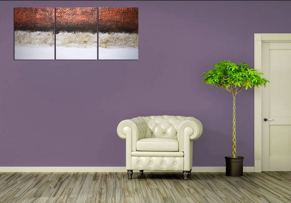 copper artwork triptych painting on purple wall