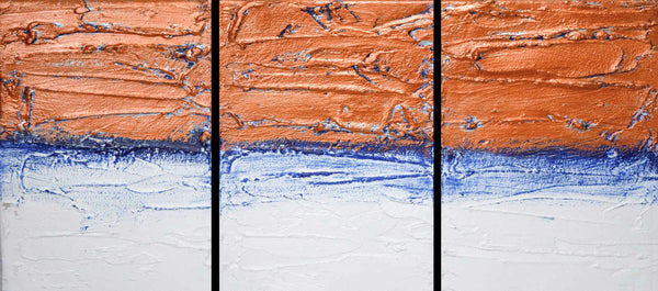 copper art work triptych painting "copper on blue " 3 piece on canvas original and hand made