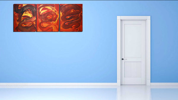 triptych painting on blue wall