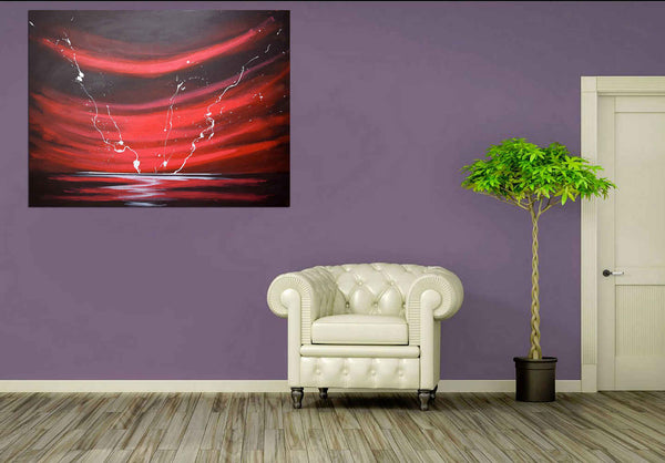 big red seascape artwork on a modern grey interior wall on a purple wall 