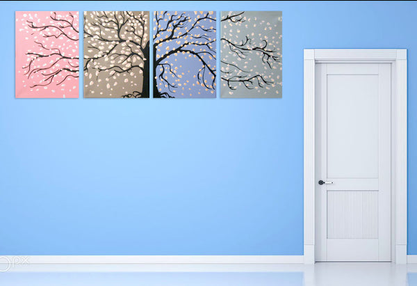 cherry blossom tree painting  on blue wall 