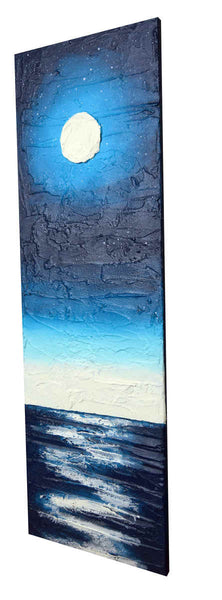 Tall seascape artwork in mixed media, moom painting