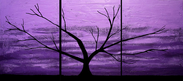 purple paintings in triptych