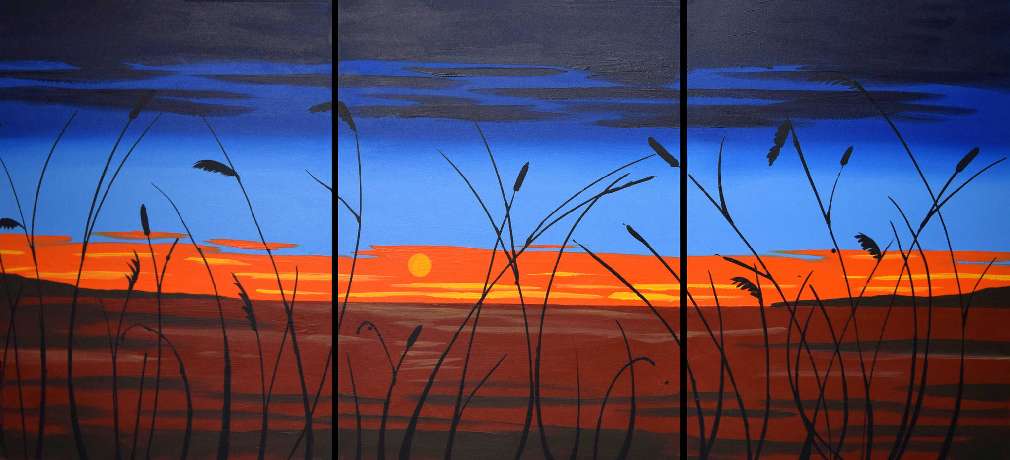 Sunset Bay , orange sunset reed grass