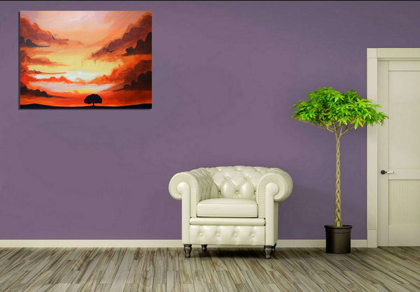 contemporary landscape painting on purple wall