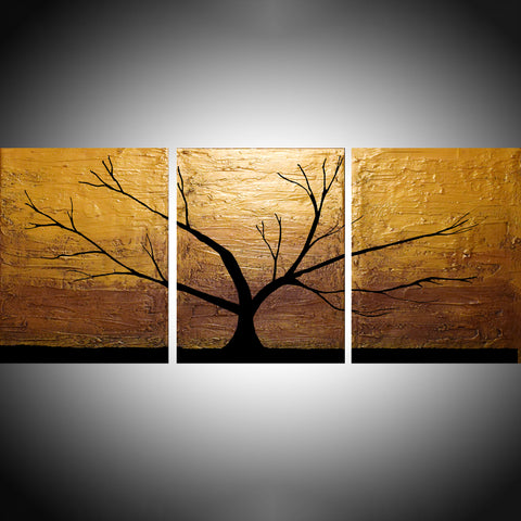abstract tree paintings in gold three panel