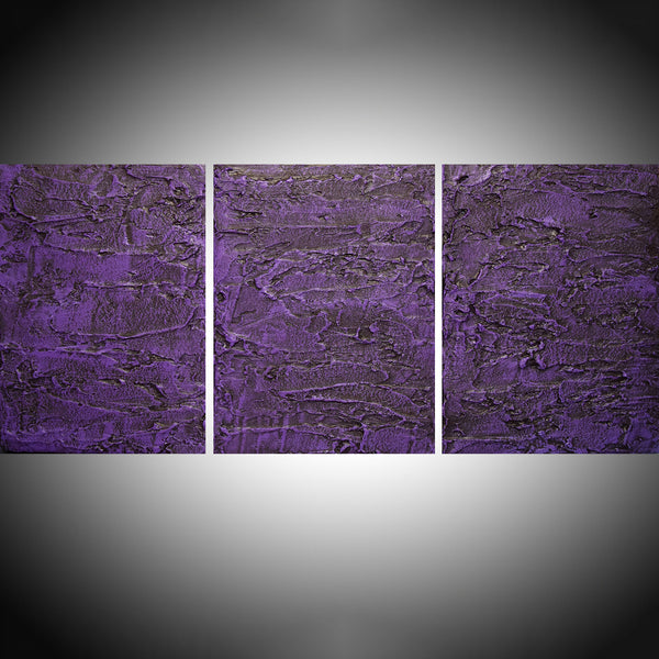 purple triptych art on canvas with grey background
