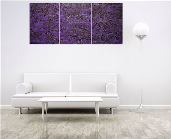 purple triptych art on canvas with grey background on white wall