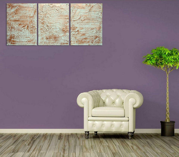 oversized metal wall art " Lavish copper " on canvas triptych style on purple wall 