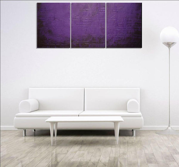 oversized triptych canvas wall art " Purple Trance " canvas original painting on white wall