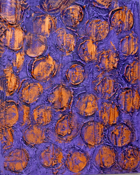 triptych painting on canvas in purple and copper on a grey background close up panel