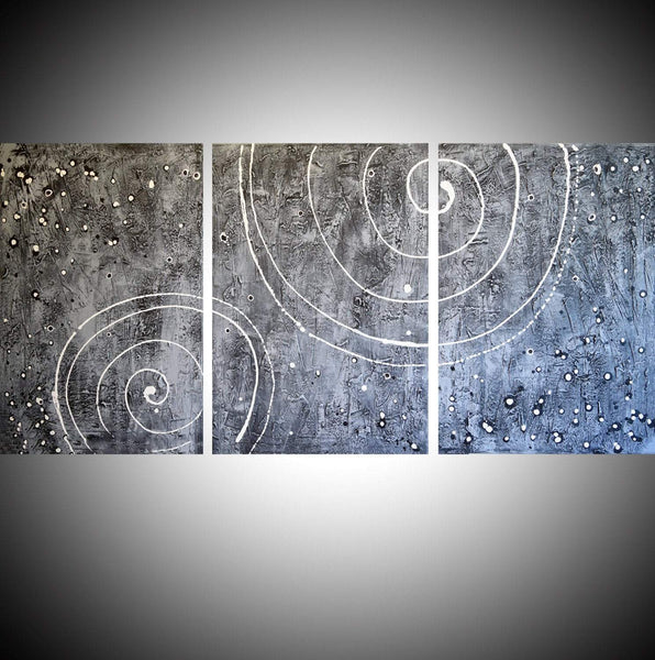 abstract triptych large  black and white " cosmic symphony "