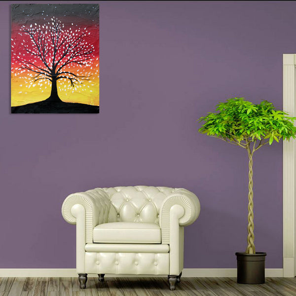 purple wall with abstract tree painting