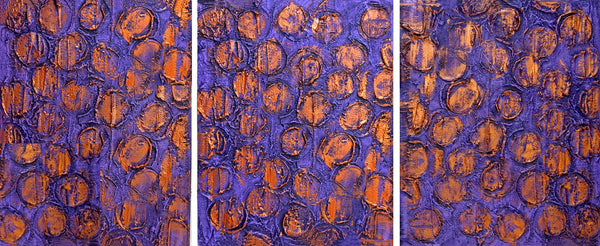 triptych painting on canvas in purple and copper on a grey background in a 3 panel row