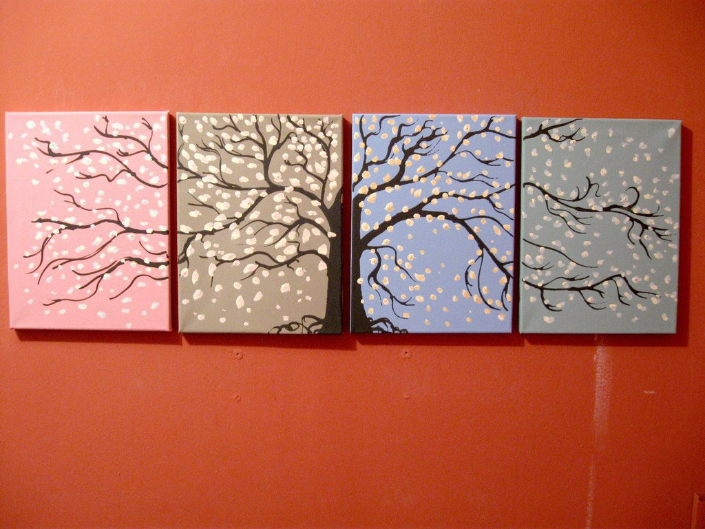 Quadriptych cherry blossom tree painting four panel painting quadriptych