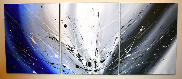 blue triptych canvas paintings " cool blue  " fine art for sale