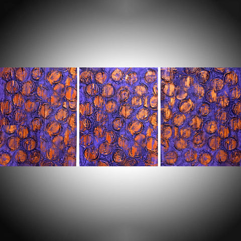 triptych painting on canvas in purple and copper on a grey background