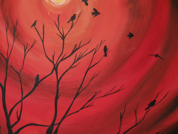 canvas art Landscape original contemporary painting abstract love birds "Sunset Birds" tree of life paintings on wall hanging office