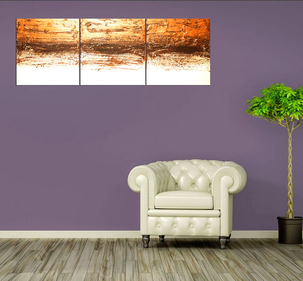 triptych on canvas copper triptych 3 piece abstract on purple wall 