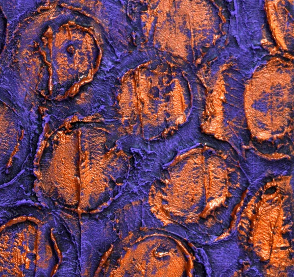 triptych painting on canvas in purple and copper on a grey background extra close up of purple and copper