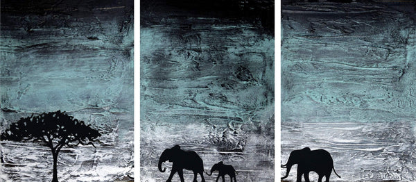  triptych elephant wall art in Turquoise elephant hand painted acrylic canvas