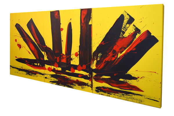 EXTRA LARGE WALL art triptych 3 panel wall " Yellow Intuition" yellow black on canvas original painting abstract artwork 48 x 20"