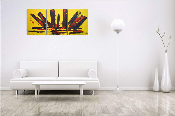 EXTRA LARGE WALL art triptych 3 panel wall " Yellow Intuition" yellow black on canvas original painting abstract artwork 48 x 20"