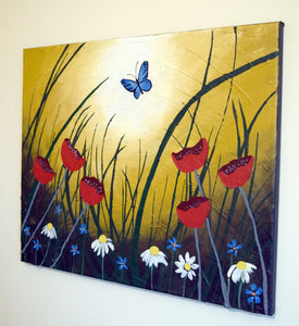 field art wildflower bouquet floral watercolor flowers poppies butterfly original Painting wall abstract on canvas Ready Hang poppy flower