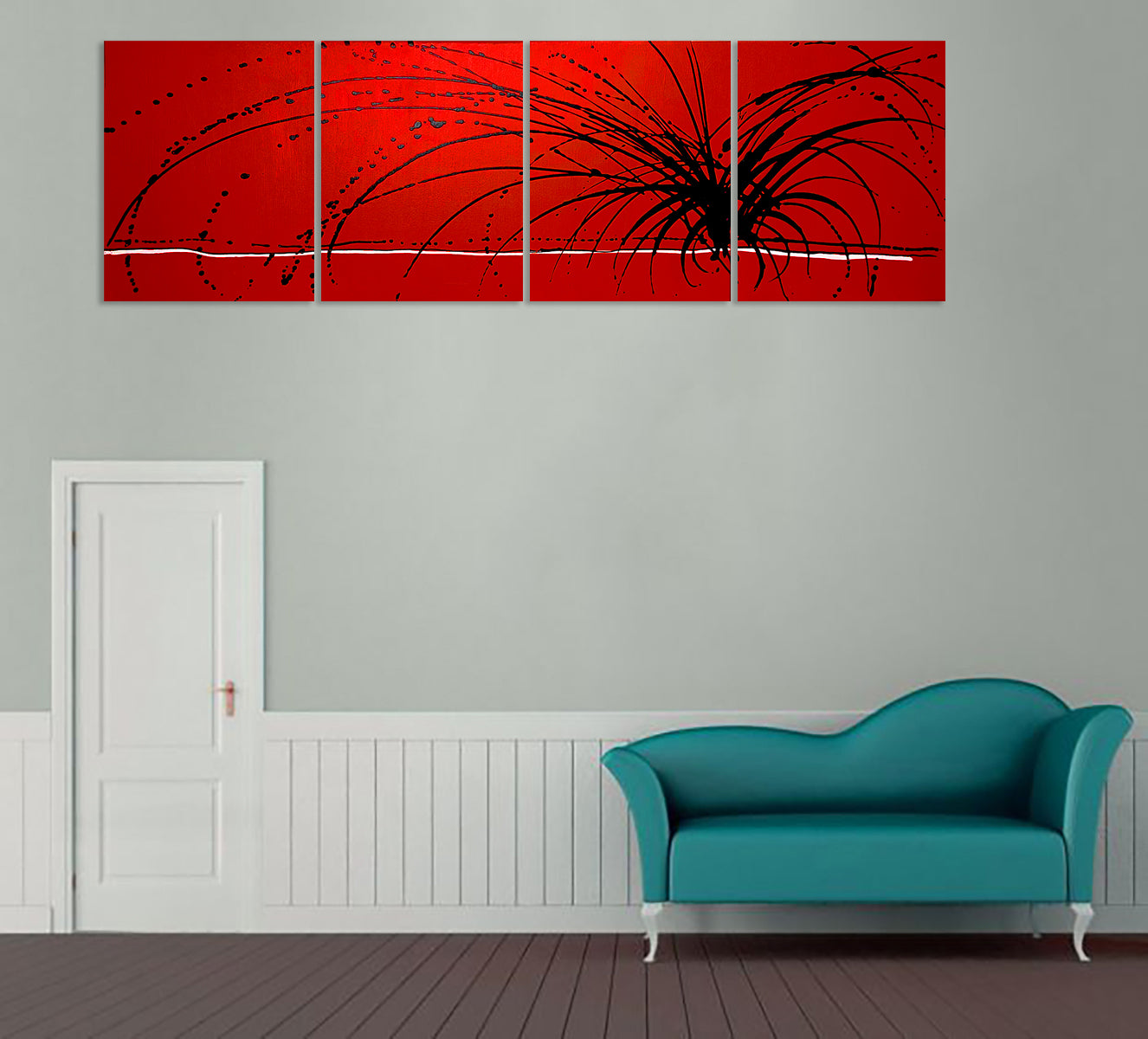 four panel painting in red and black on grey wall
