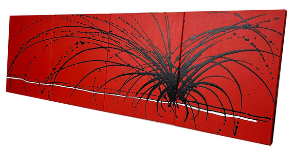 four panel painting in red and black