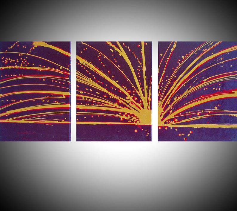 oversized metal wall art Golden fountain 3 panel triptych painting on canvas