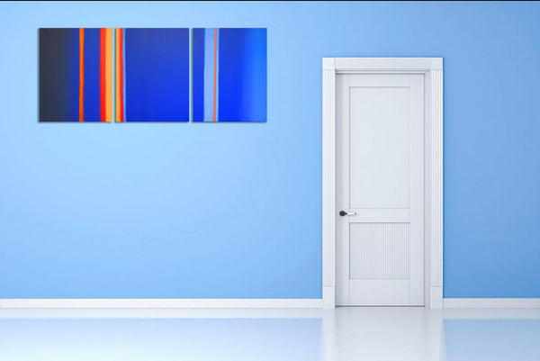 blue wall with linear abstract art  triptych art on wall