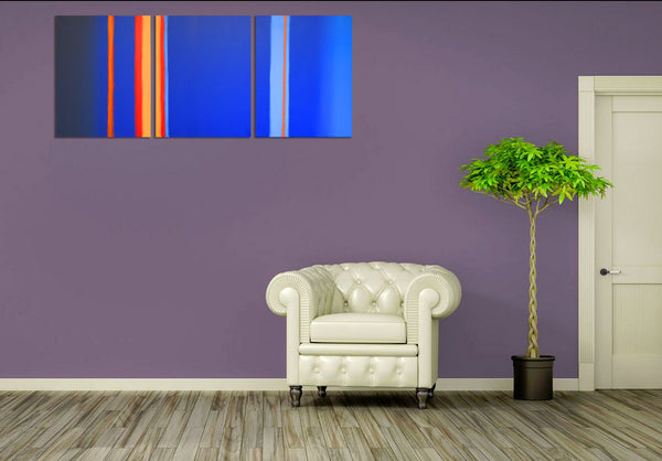linear abstract art blue painting on purple wall
