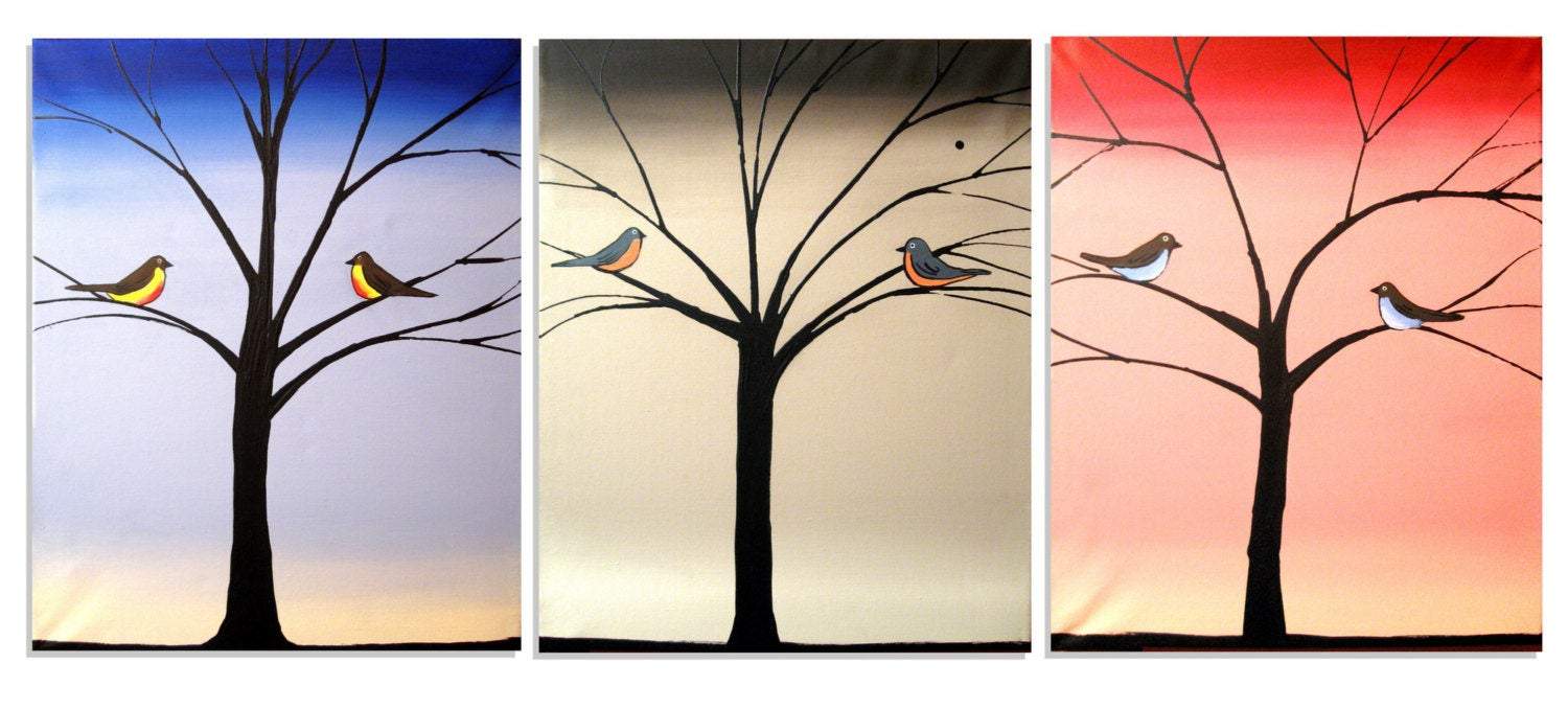 love bird paintings in a triptych style " Bird Seasons " fine art for sale