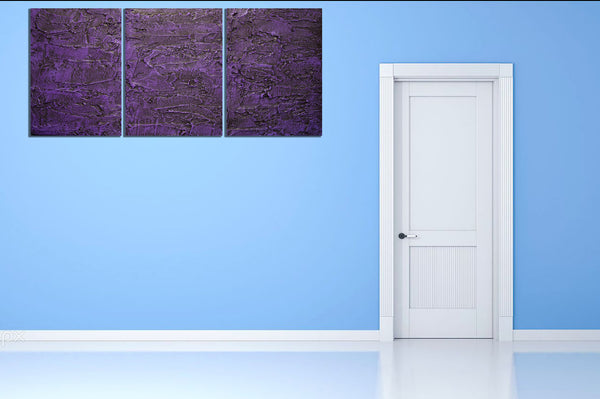 purple triptych art on canvas with grey background on blue wall